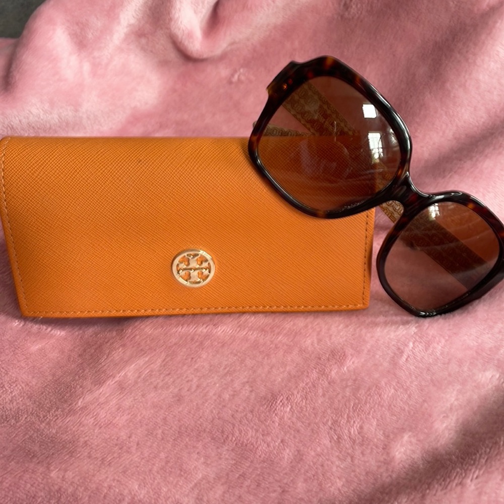 Tory Burch brown sunglasses with hard case.